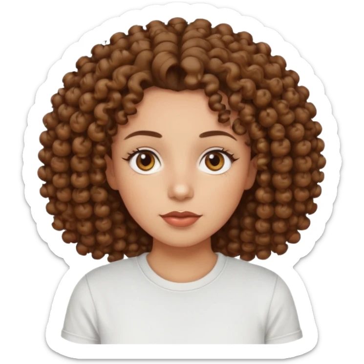 
professional, curly brown lady with hazel eyes, a little dot on the top of the left lip, a normal t shirst sticker