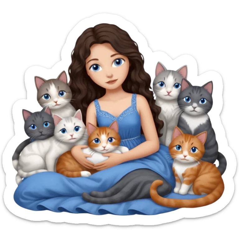 detailed realistic looking a dark grey and white cat regally laying with six other cats, cuddling with their owner in bed who is a pretty bratz lightly tanned white girl with long dark brown hair, blue eyes and gorgeous long wavy hair wearing a pretty detailed dress sticker