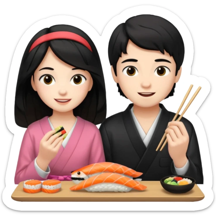 czarnowłosa ksieżniczka w dlugich wlosach je sushi z chłopakiem o czarno brązowych włosach i są zadowoleni i są nastolatkami i te włosy są lekko krecone i chłopak ma włosy do wysokosi nad brwiami sticker