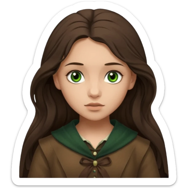 Eponine From Les Miserables with light skin, green eyes, Dark Brown long Hair, brown outfit sticker