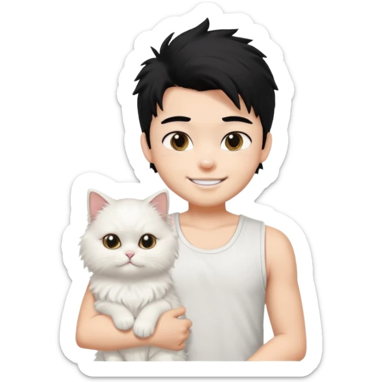 a pretty bratz boy with black hair and white sleeveless tank with a white persian cat smiling sticker