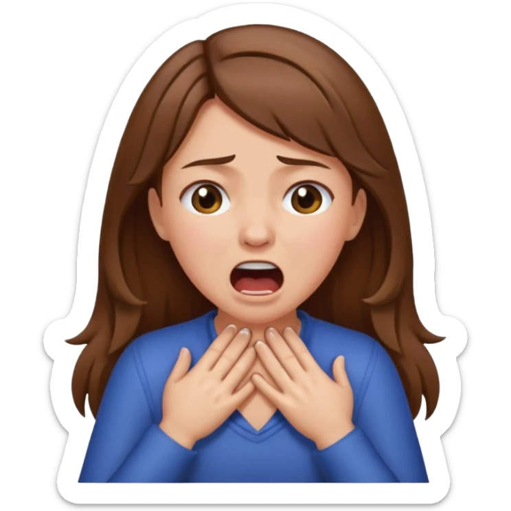 Girl with brown hair, crying/screaming with her hands choking her neck  sticker