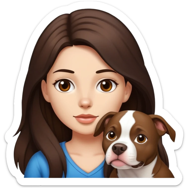 girl with dark brown long hair with her pitbull dog brown and white sticker