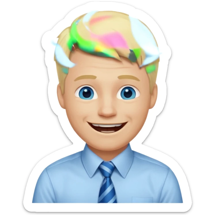 A guy with blonde hair and blue eyes that looks masculine. make him wear a shirt with a tie. he is danish. He is laughing extremely hard sticker