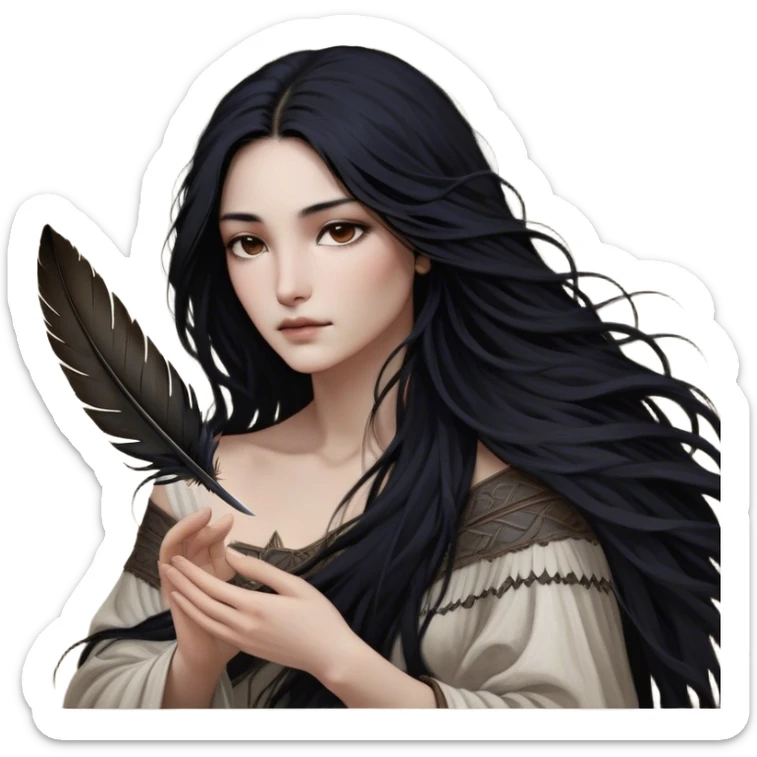 Cinematic Realistic Pocahontas Portrait, depicted with lifelike skin texture, soft natural lighting, and intricately detailed long, flowing raven-black hair that moves gracefully in the wind. Her deep, soulful dark brown eyes exude wisdom and strength, complemented by a serene yet powerful expression. She is shown gently holding a feather in one hand, her other hand resting lightly at her side, embodying the harmonious balance between nature and herself. She is dressed in her classic one-shoulder native American dress, with rich fabric textures and delicate beaded details that catch the light beautifully. The portrait features a soft, sun-kissed glow with a natural, radiant finish, capturing the essence of untamed beauty and deep connection to nature in a realistic and painterly style, evoking a sense of depth and authenticity. sticker