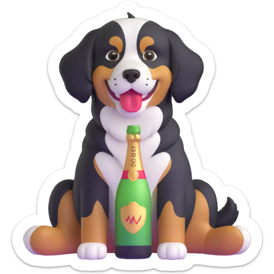 bernese mountain dog with a toy champagne bottle in its mouth, sitting sticker