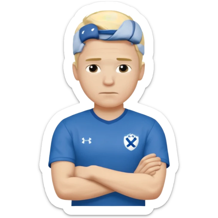 Pale blond man in blue football t shirt crossed arms cold stance  sticker
