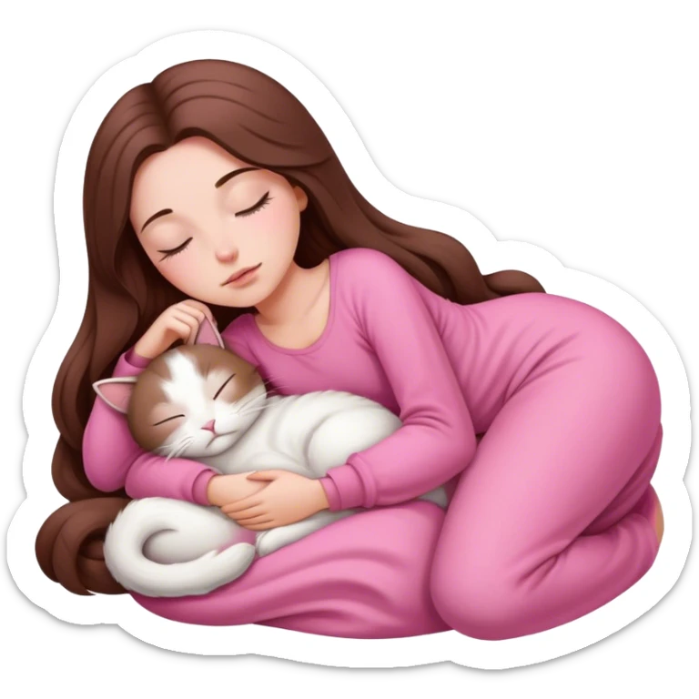 A pretty white girl with very long brown hair and pink clothing sleeping curled up to a white cat  sticker