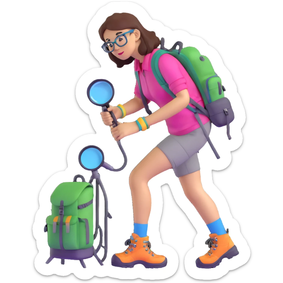 Happy energetic woman in her late 30s with glasses wearing colorful sporty outfit, hiking boots, and backpack, examining with a magnifying glass sticker