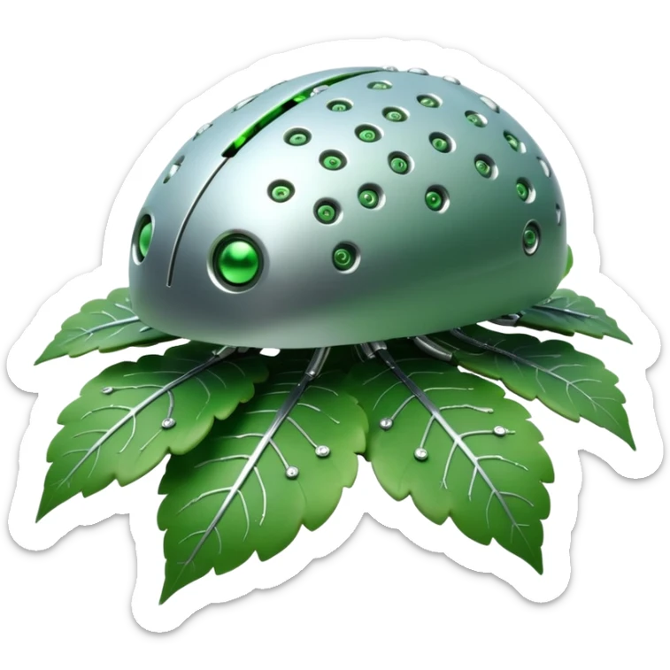 3D render of Nanobot Cloud, futuristic cyborg aesthetic, fusion of organic skin and chrome metal, swarm of tiny silver dots eating a green leaf, isolated on white background --v 6.0. sticker