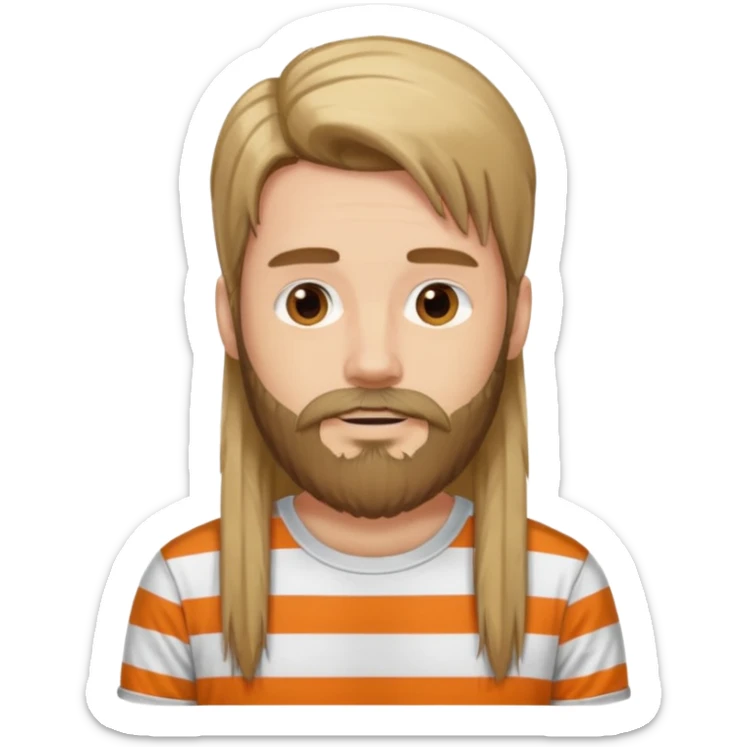 He has long hair and a beard but no moustache and wears a vertically striped t-shirt. sticker