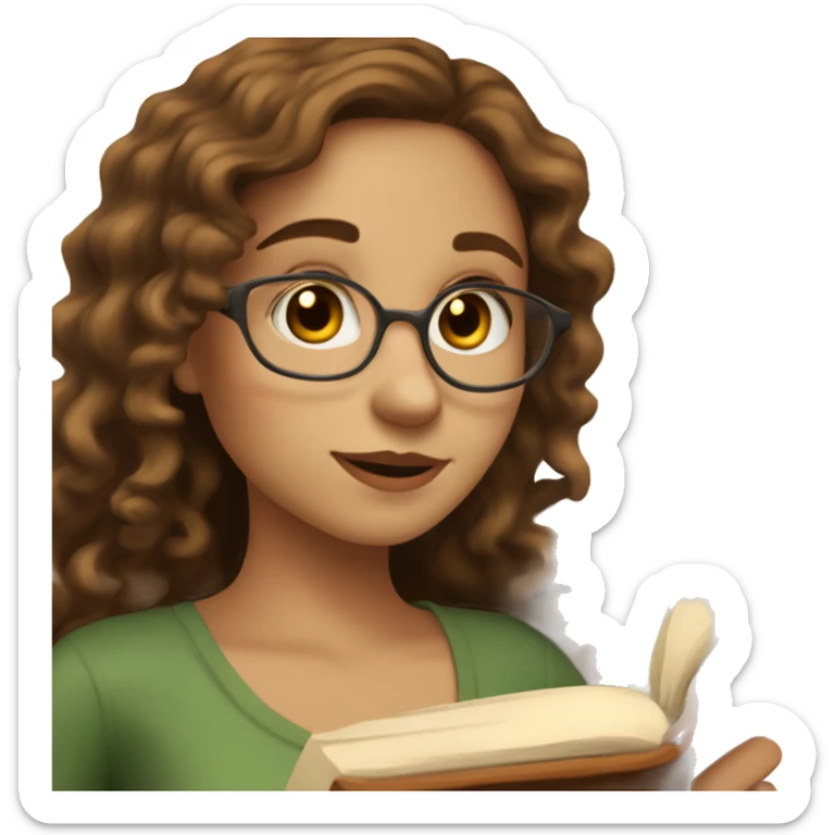 A young woman with long curly brown hair, she has light, white skin, there are two moles on her right cheek, she has brown eyes, she looks not at the camera, but at an open book in her hands sticker