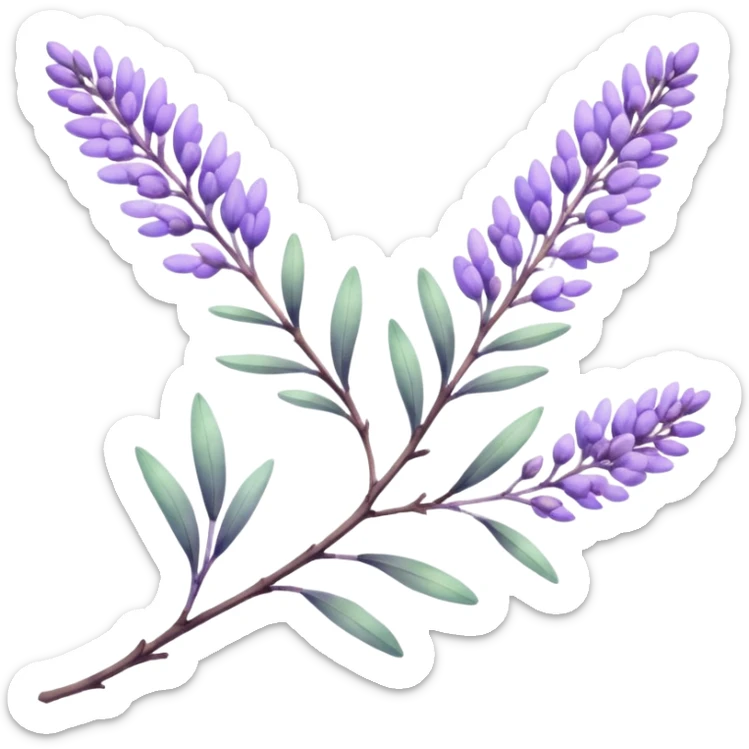 The art style is clean line art with delicate watercolor textures, pastel colors, and a dominant palette of lavender, soft lilac, and muted purple. Let the branch be more elongated sticker