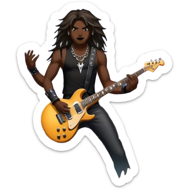 Icon for Heavy Metal: a metal band on stage, with electric guitars, drums, and a powerful vocalist. The atmosphere is intense with flashing lights, music notes, and a crowd of fans. The design should capture the energy and power of a live heavy metal performance. Transparent background. sticker