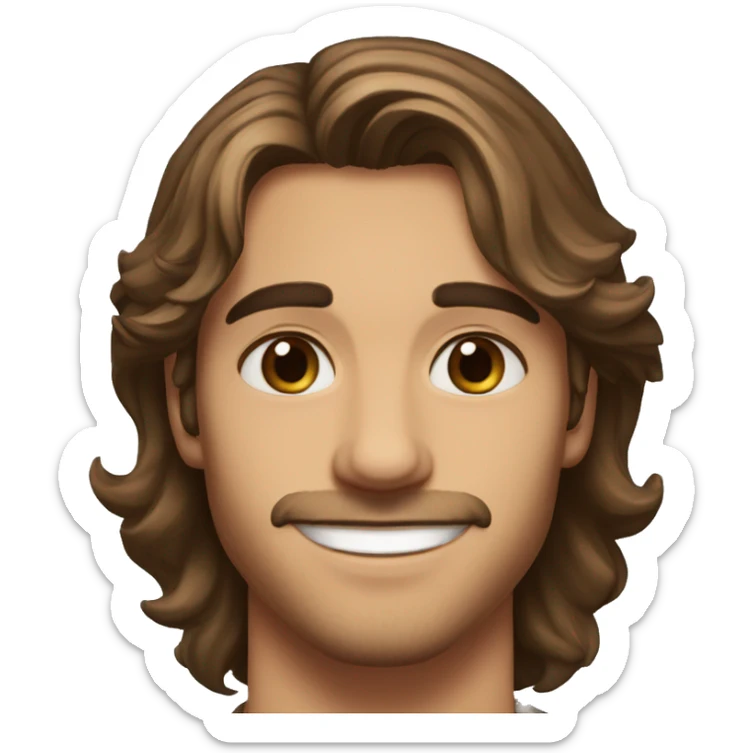 Handsome man, 22 years old, light mustache and chin hair, long brown hair, hazel eyes, good eyebrows, beautiful smile sticker