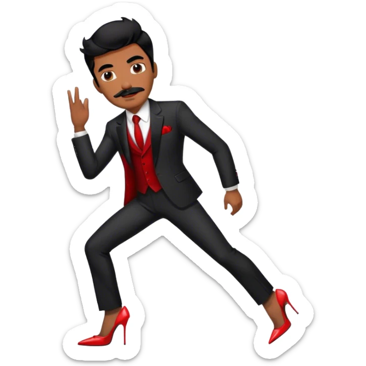 Man in a black suit suit and red strappy high heels with black hair and black mustache and brown skin sticker