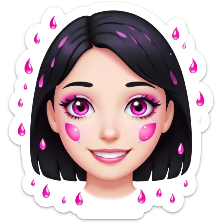 smiling girl with black hair, pink glitter tears, no heart eyes sticker