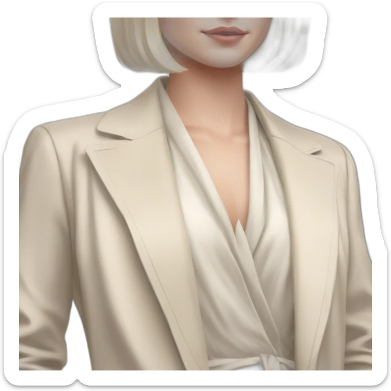 pale skin woman with ash blonde Straightened bob Hair, White Spacious classical jacket, beige palazzo Arrow pants and gray blouse holding white IPhone 15 pro in the hands sticker