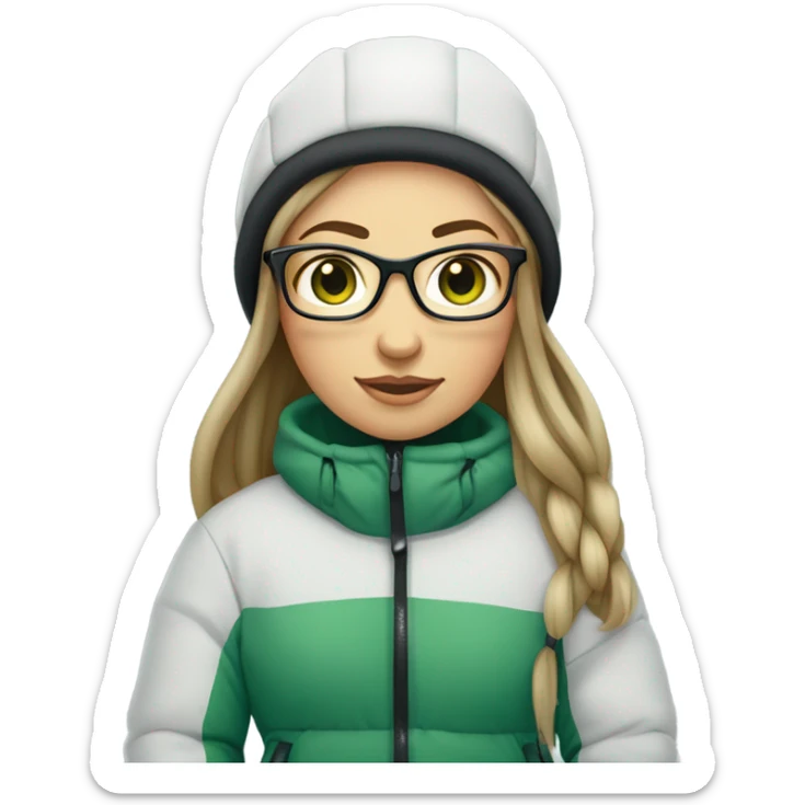 Green-eyed, slightly overweight female skier with long straight hair, glasses, light grey snow jacket, long black pants, black only snow boots, wearing black skis standing tall. sticker