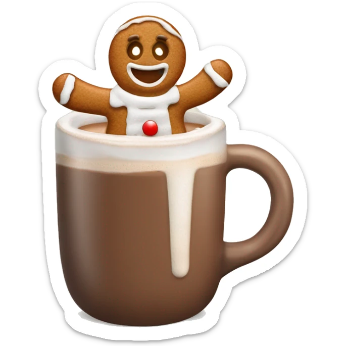 gingerbread man in a mug of hot chocolate wearing a santa hat sticker