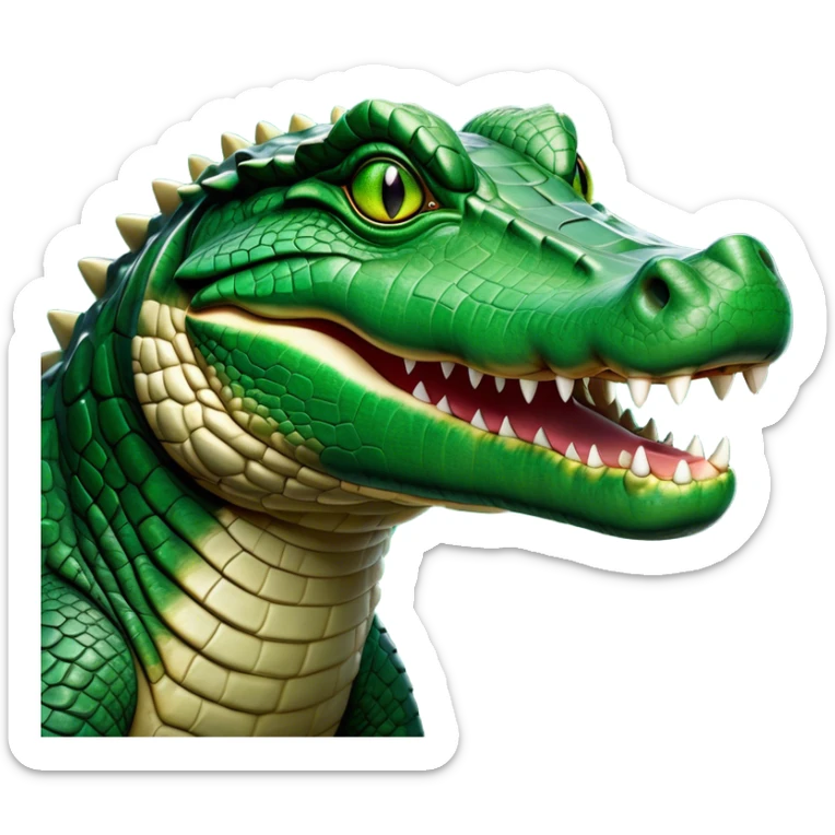 Cinematic Noble Crocodile Portrait Emoji, Poised and regal, with a powerful, elongated build and a rugged, scaly emerald-green hide, piercing cold eyes, Simplified yet sharp and sophisticated features, highly detailed, glowing with a soft, dignified glow, high shine, intelligent and formidable, stylized with an air of ancient might, focused and attentive, soft glowing outline, capturing the essence of a watchful and commanding reptile, so majestic it feels as though it could silently slide out of the screen with effortless authority! sticker