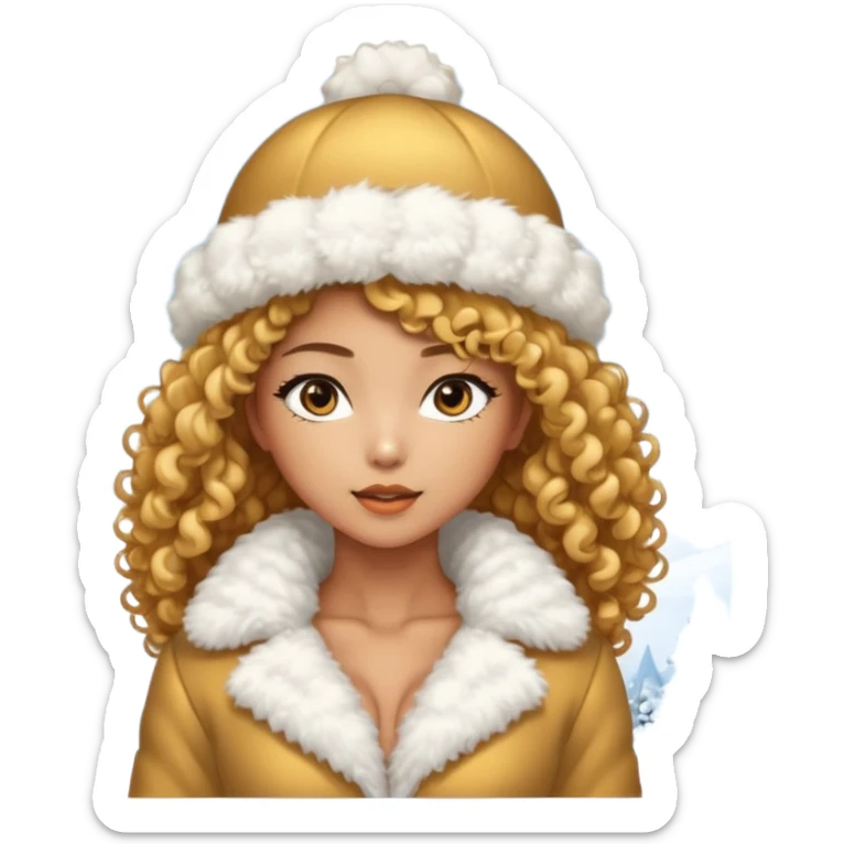 sexy and muscled tanned asian girl, golder curly hair, in winter fluffy white and gold dress-suit, in winter fluffy hat, winter snow and ice around sticker