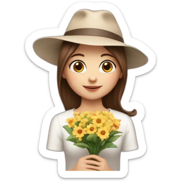 white skin, Girl with a hat, brown hair straight to the shoulders, holding a bouquet of flowers sticker