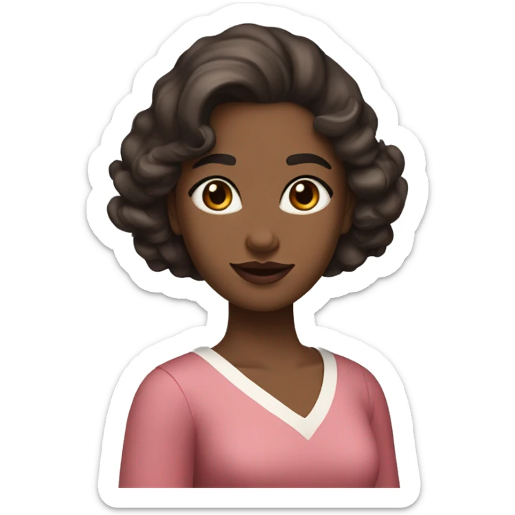 The woman has soft features, fair skin, and almond-shaped eyes. Her defined eyebrows and natural pink lips frame her face. Her dark, wavy hair is partly tied back, giving her an elegant yet relaxed look.  She wears a red V-neck long dress. White skin. sticker