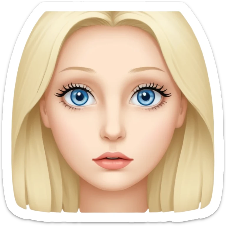 Bonnie Blue Porträt einer jungen Frau mit ovalem Gesicht, großen hellblauen Augen, langen Wimpern und geschwungenen Augenbrauen. Gerade, feine Nase und volle Lippen mit sichtbarem Lächeln. Glatte, leicht gebräunte Haut mit natürlichem Glow. Schulterlanges, blondes Haar mit Locken und Mittelscheitel sticker