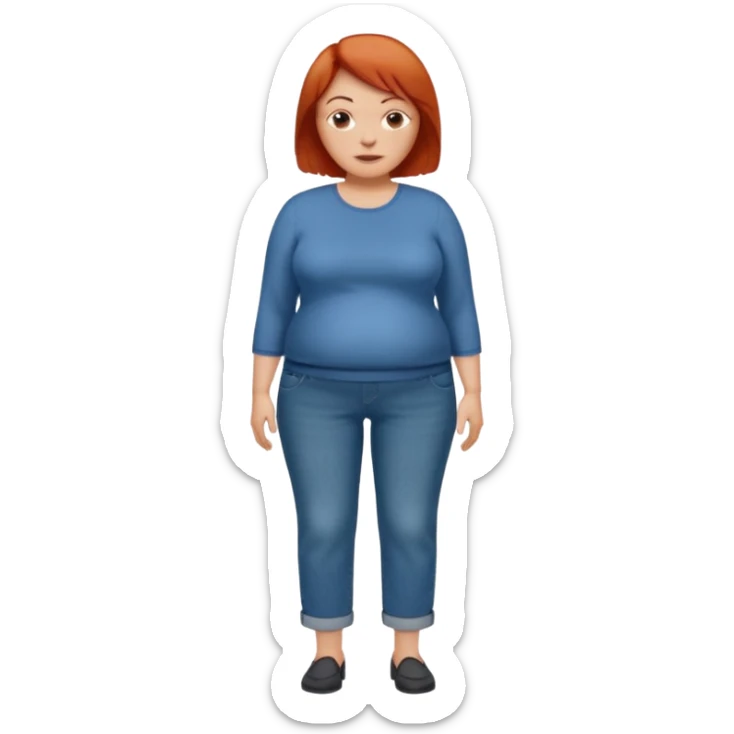 Lazy old Short woman with straight short red hair and fat tummy..wears business casual loose jeans and full sleeve  tshirt. Not smart looking ill fitting clothes sticker