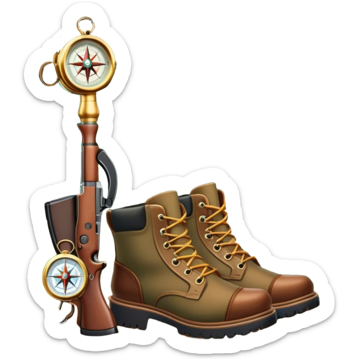 emoji for Hunting Tourism: a hunting rifle, hunting boots and a compass on a forest background, with a silhouette of wildlife in the distance. The icon should capture the adventure and connection with nature in hunting tourism. Transparent background. sticker