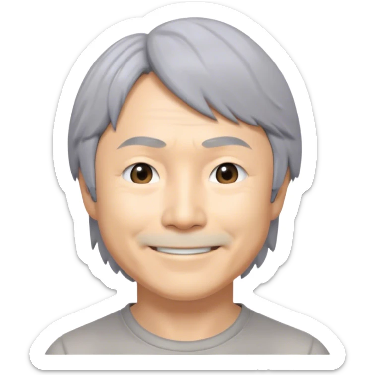 ​Cinematic Realistic Portrait of a Smiling Shigeru Miyamoto, depicted with warm, approachable features, gentle grey-tinted hair, and kind, expressive eyes, set against a subtle backdrop hinting at iconic video game imagery, rendered with lifelike textures and soft, inviting lighting that captures his innovative spirit, sticker