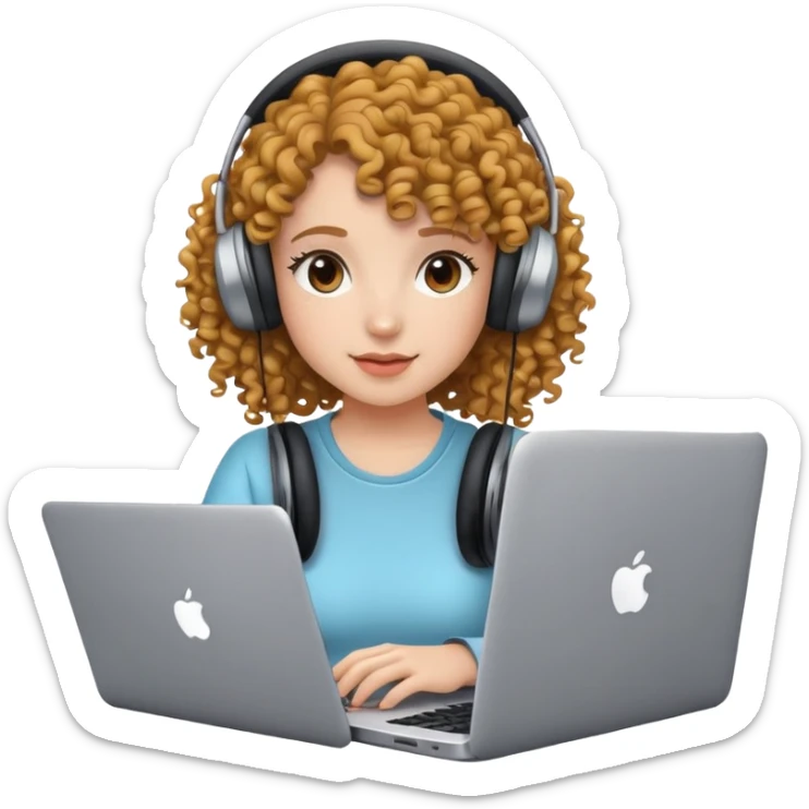 curly hair girl with headphones and a laptop sticker
