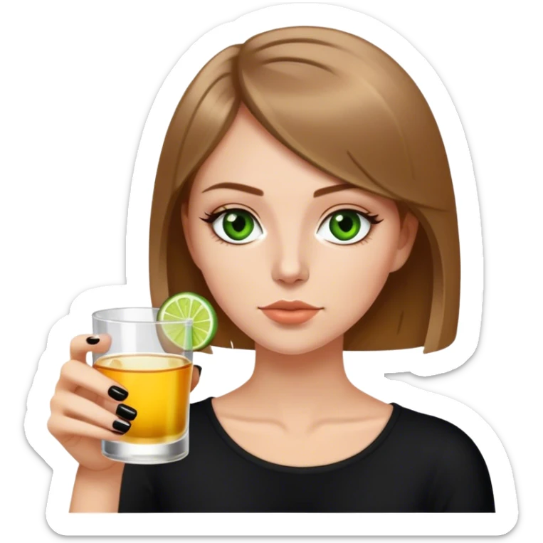 green eyes light brown hair white girl with short bob no bangs with a shot of tequila wearing black sticker