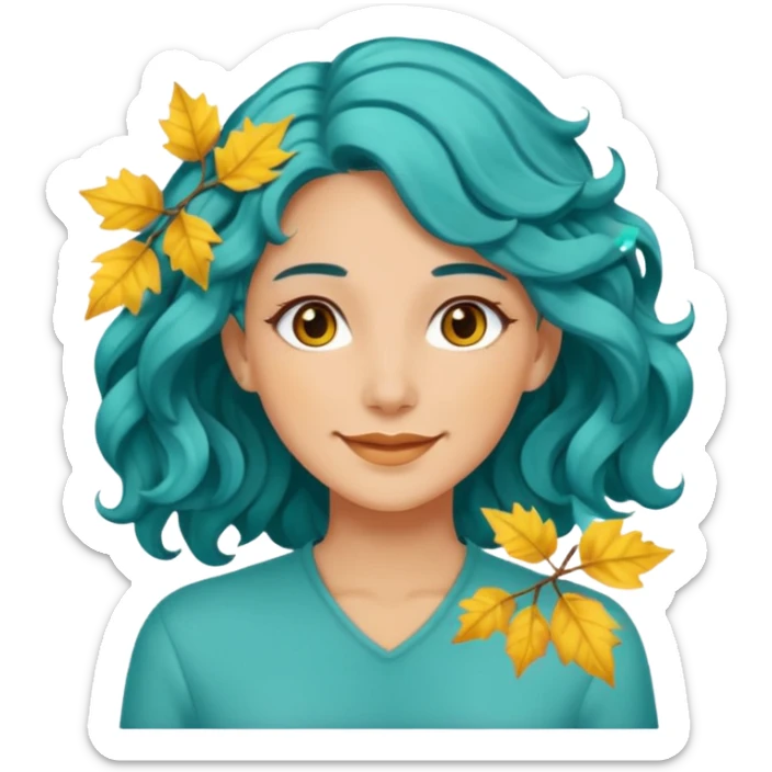 A woman with wavy teal hair decorated with yellow leaves, looking forward with a gentle smile. sticker