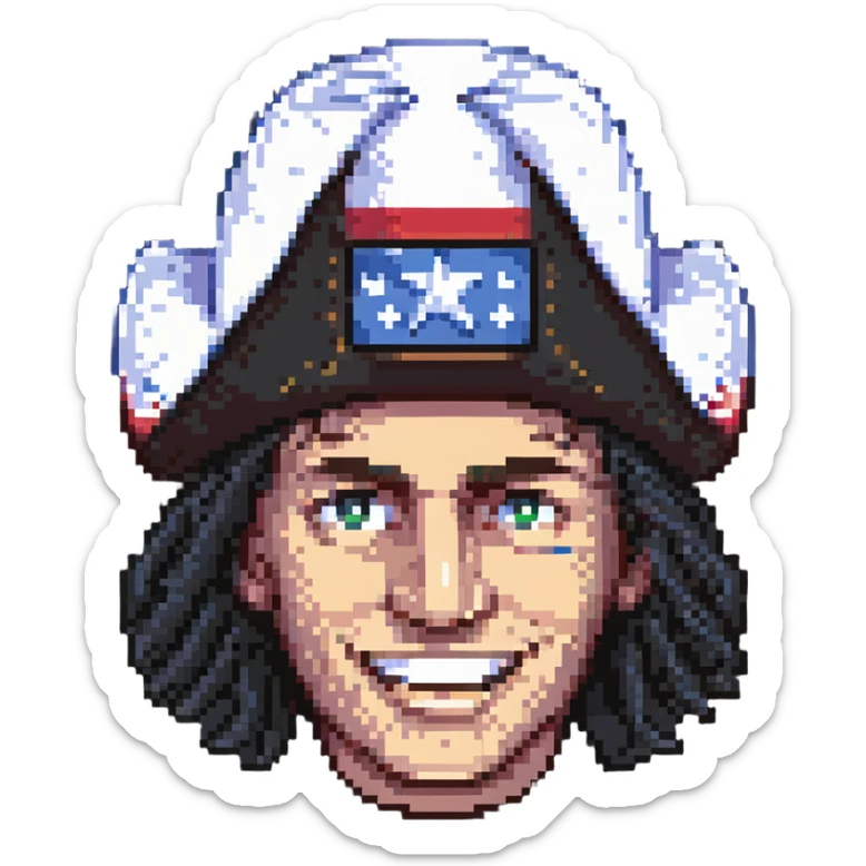 pixel art of Yankee Doodle's head, wearing a classic black Tricorne hat, cheerful expression sticker