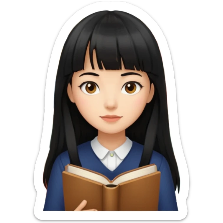 lecture girl with straight bangs fringe long black color hair with lots of books sticker