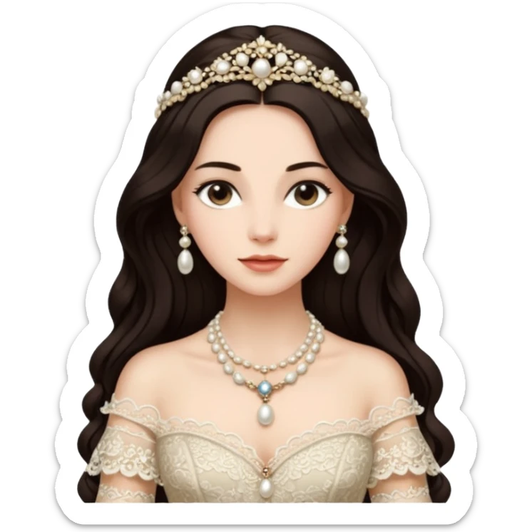 An emoji portrait of an Italian noblewoman. She wears a lavish gown with intricate lace details and a pearl necklace. Her expression is serene and elegant. sticker