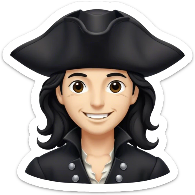 A charismatic pirate with wavy black hair, wearing a black tricorn hat and a sleek black coat with silver buttons, smiling confidently. sticker
