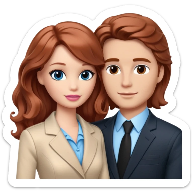 Barbie girl  , eyes blue , Chestnut red long wavy hair In pale beige clothes, Hugs a man with brown hair short haircut, brown eyes , and a black suit sticker