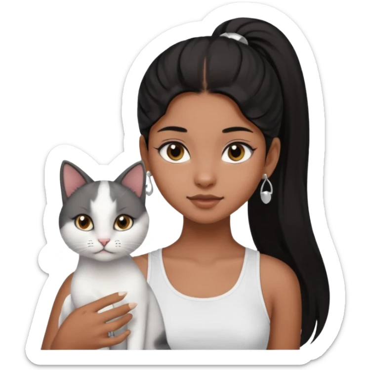 An brown skin Teenager girl with brown eyes, long black hair in one high ponytail, with a white crop top holding her grayish-white cat, and small silver earrings sticker