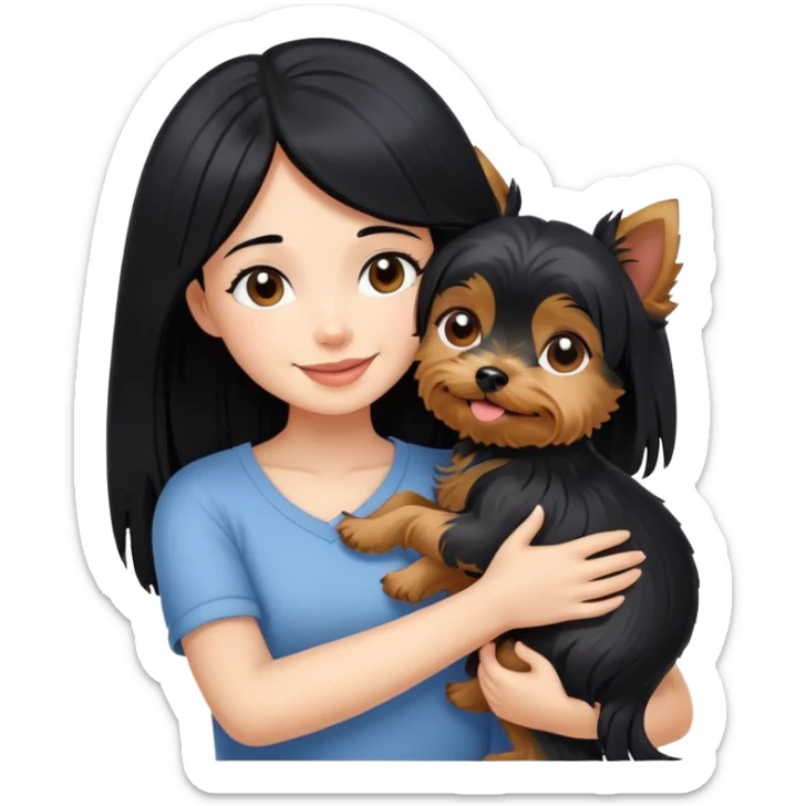 A beautiful girl with short black hair happily hugs a Yorkshire Terrier sticker