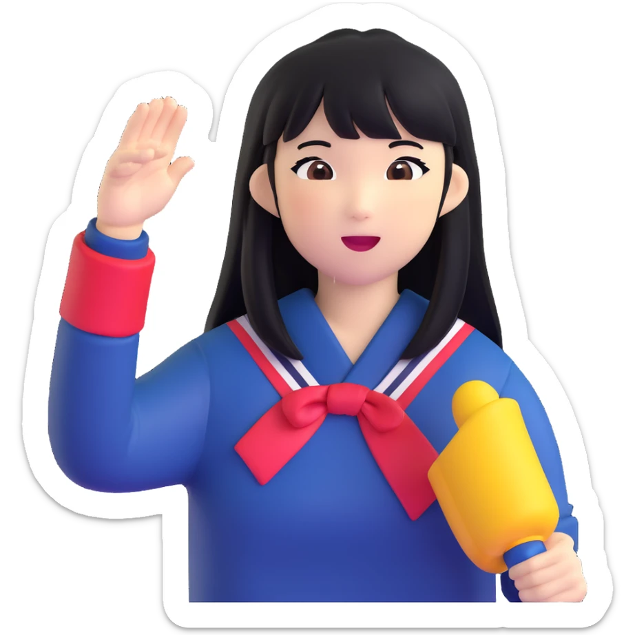 East Asian woman with long black straight hair and bangs wearing Doosan Bears team colors navy blue and red, cheering sticker