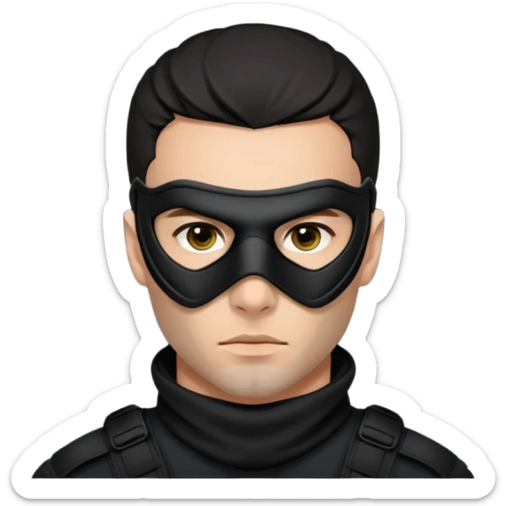 Close-up portrait of an attractive man with piercing eyes, wearing a sleek black tactical mask that covers the lower half of his face. He has sharp jawline definition, dark hair, and a serious, undercover criminal or covert operative look. High contrast, noir lighting, cinematic depth of field. sticker