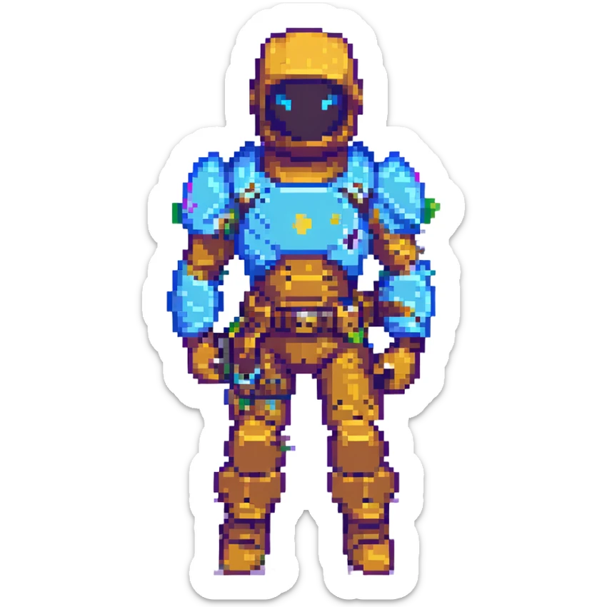 Fortnite character skin in pixel art style, vibrant colors, blocky design, detailed armor and accessories, dynamic pose sticker
