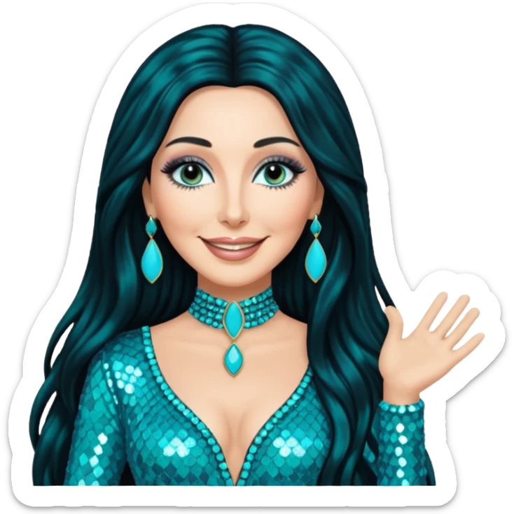 Cher, Goddess of Pop from Famous People with long jet black hair, turquoise sequin outfit sticker