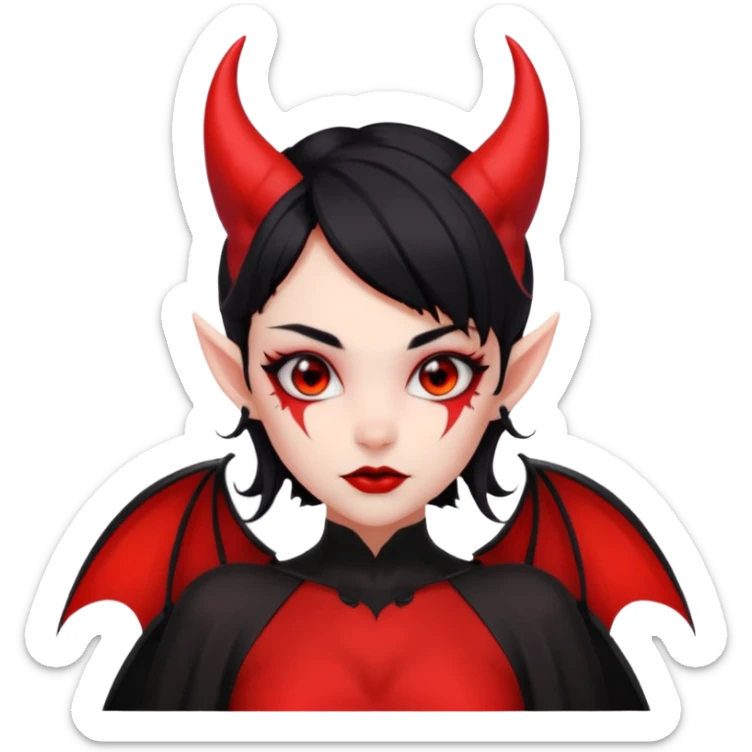 demon girl, skin 100% solid red (no pale/blush), black hair, small horns, pointed ears, bat wing, black open-back dress, bold black outlines, red+black palette sticker