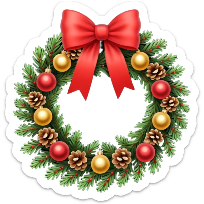 A Christmas wreath made entirely of fir trees, decorated with a single red bow at the bottom, pine cones, and Christmas tree balls. sticker