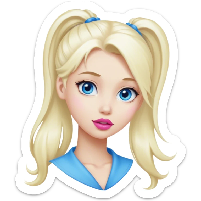 Girl with bleach blonde long hair. Big pink lips. Blue eyes. Hair in ponytail.  sticker