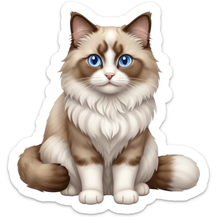 cinematic-[brown and white ragdoll cat]-realistic-full-body-sitting-emoji,-tail-curled-playfully-around-its-paws,-head-tilted-dramatically,-fluffy-[brown and white]-fur,-simplified-yet-realistic-focused-features,-highly-detailed,-glowing-with-an-almost-sarcastic-glow, with blue eyes sticker